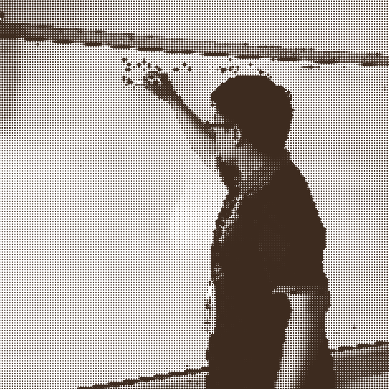 Halftone image of teacher writing on a whiteboard.